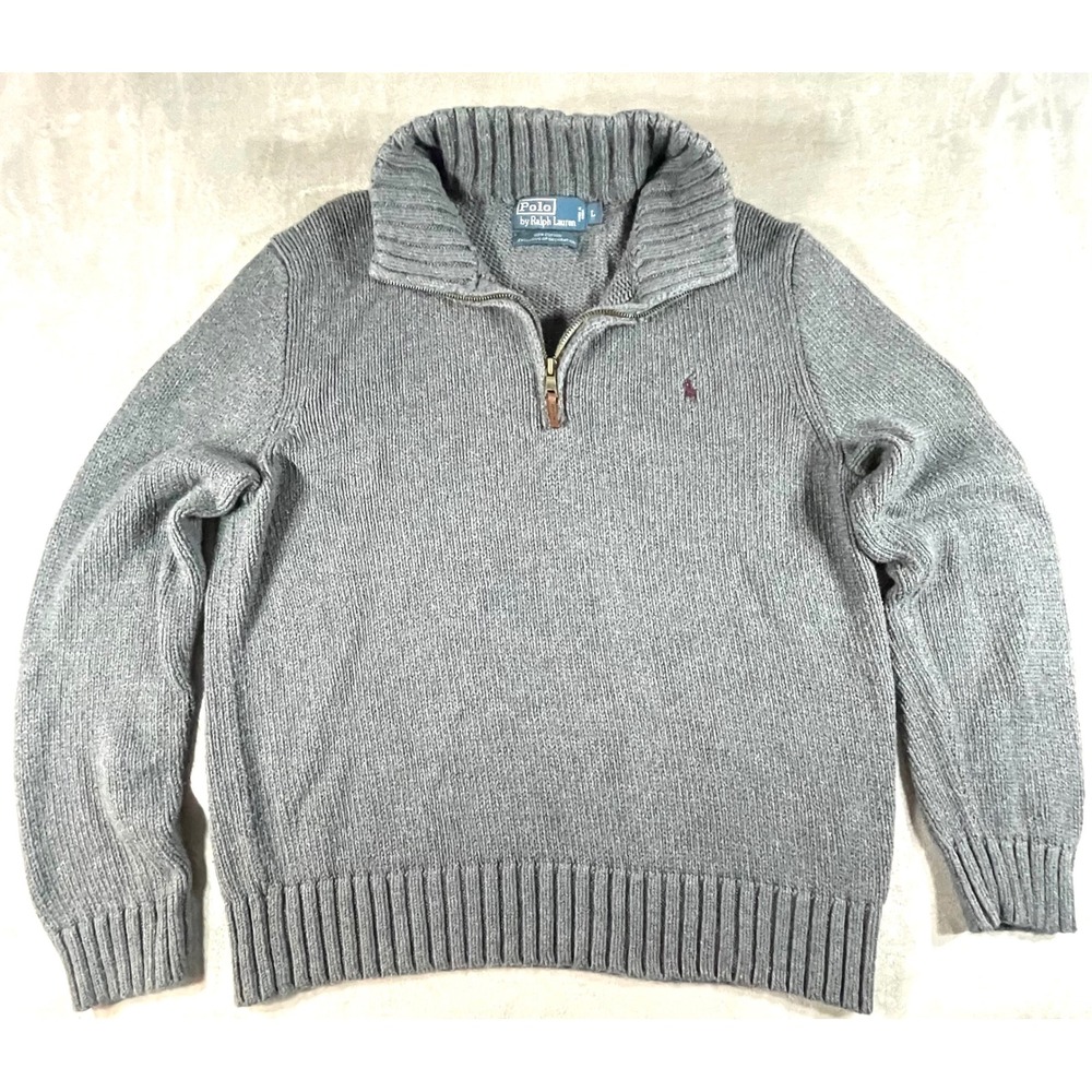 Polo Ralph Lauren Sweater Mens L Grey Quarter Zip Cotton Shaker Knit Pullover